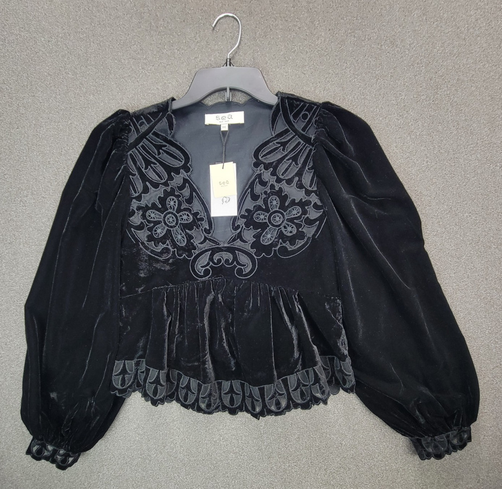 Sea New York Top Womens XXS Black Velvet Dana Embroidered Peplum
